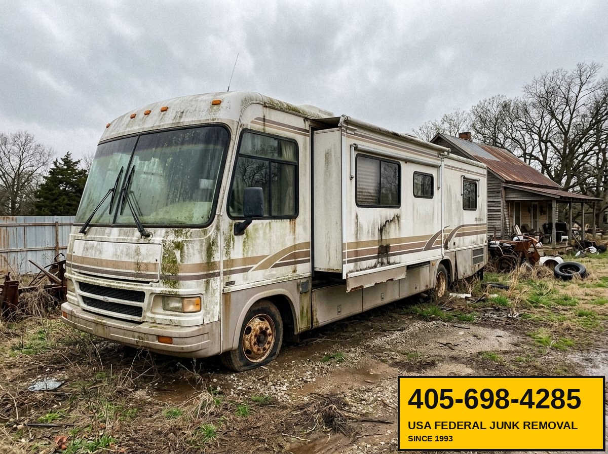 Abandoned 40-foot Class A motorhome on rural Oklahoma property awaiting USA Federal removal