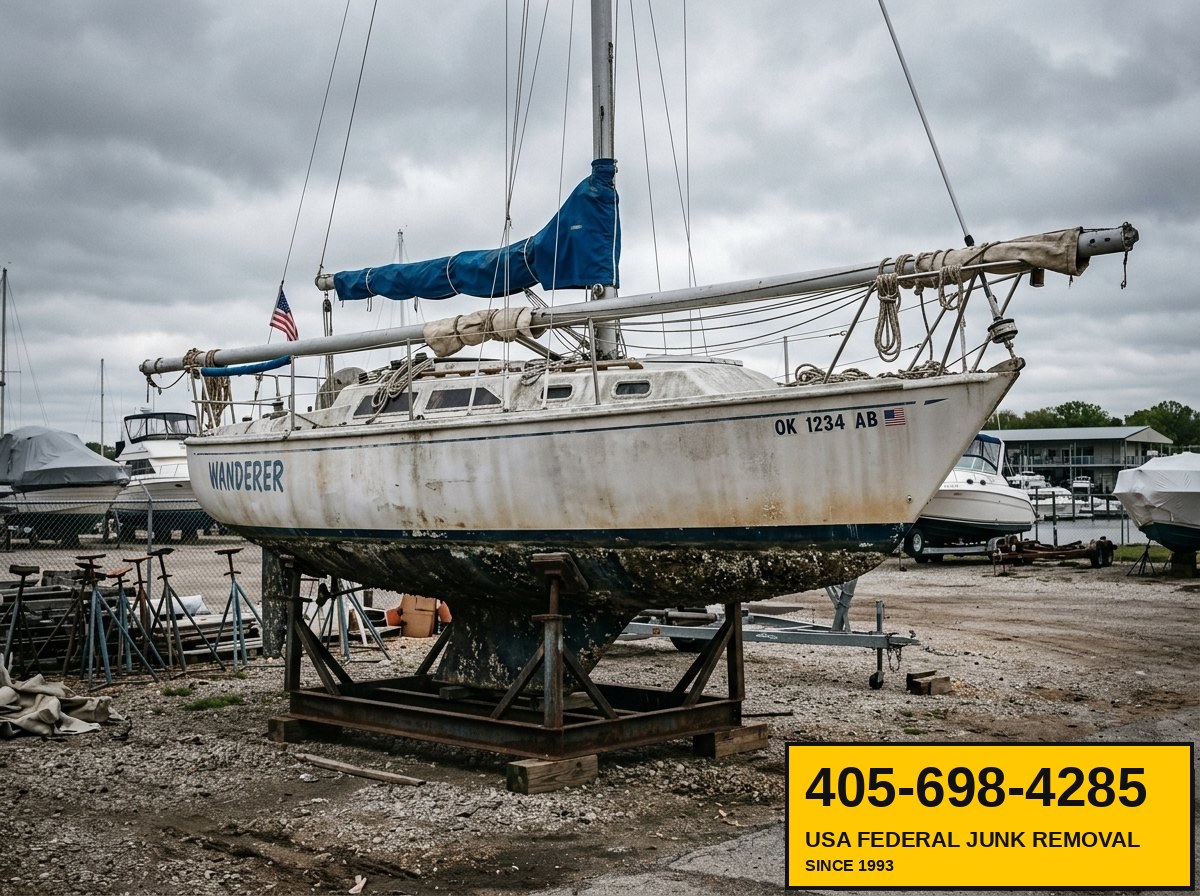 Abandoned sailboat on steel cradle in marina yard — USA Federal Junk Removal